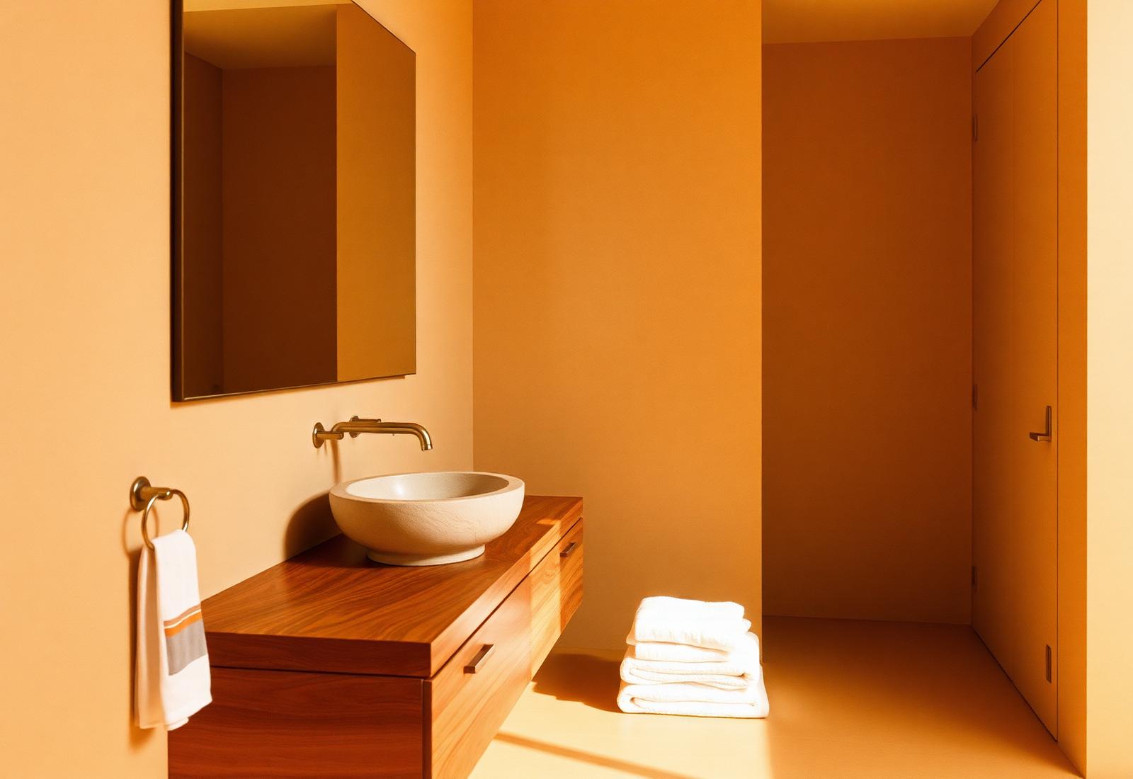 Bagno con lavabo in pietra, mobile in legno e luce calda diffusa