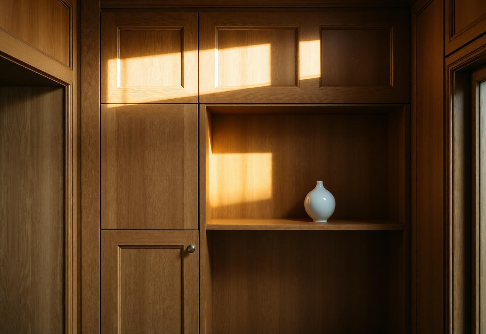 Parete rivestita in boiserie di legno con mensole integrate e luce radente