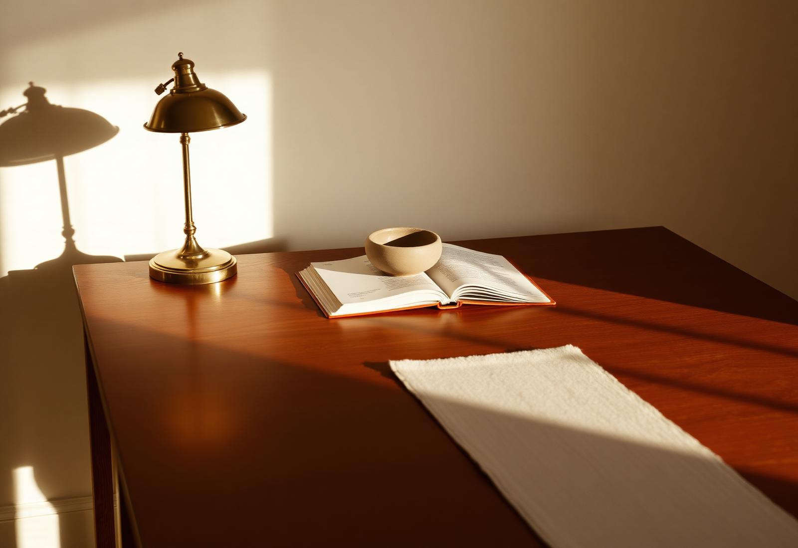 Natura morta con lampada in ottone, ciotola in ceramica e libro aperto su un piano in legno