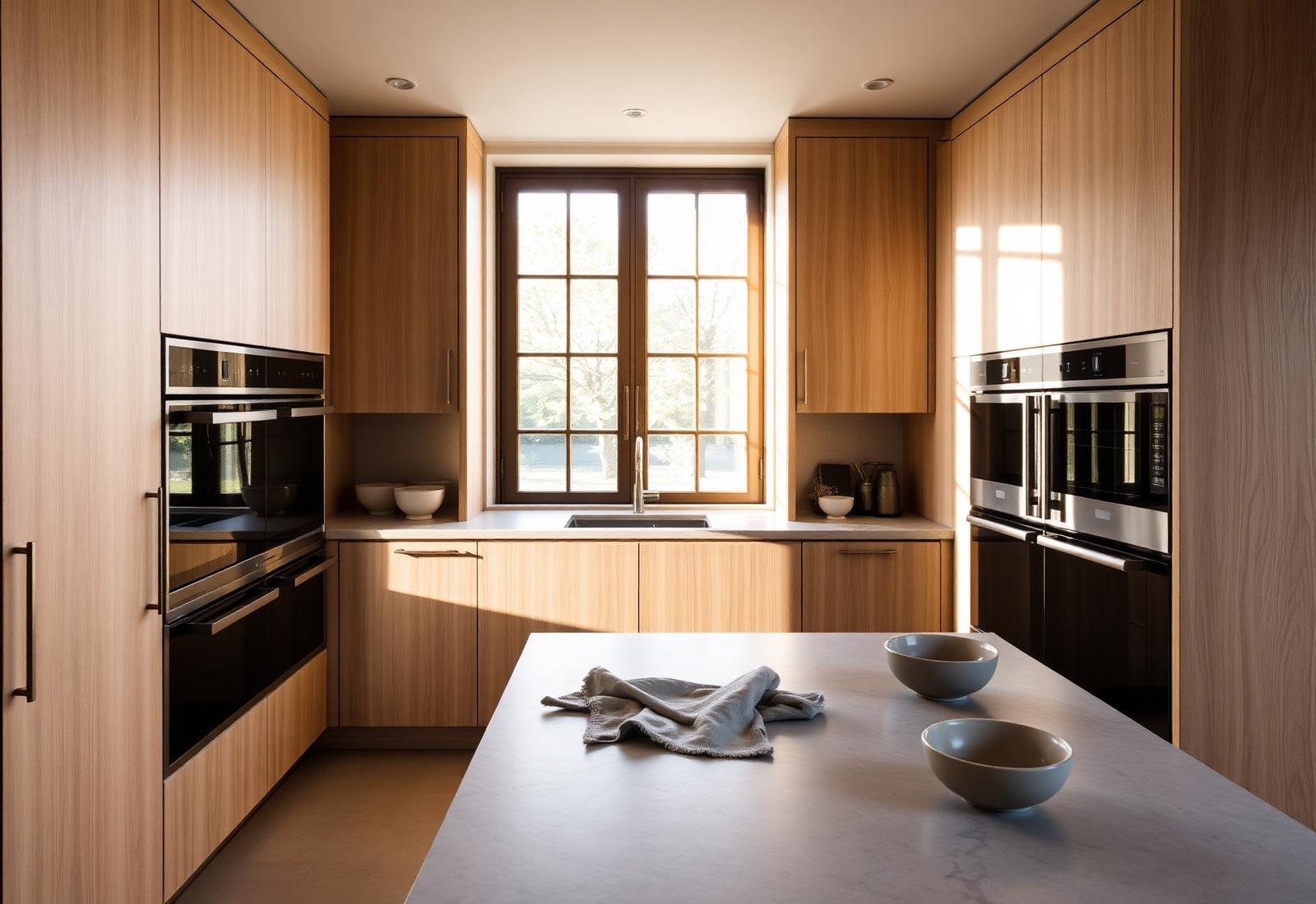 Cucina su misura in legno massello con isola in pietra chiara e luce del tardo pomeriggio