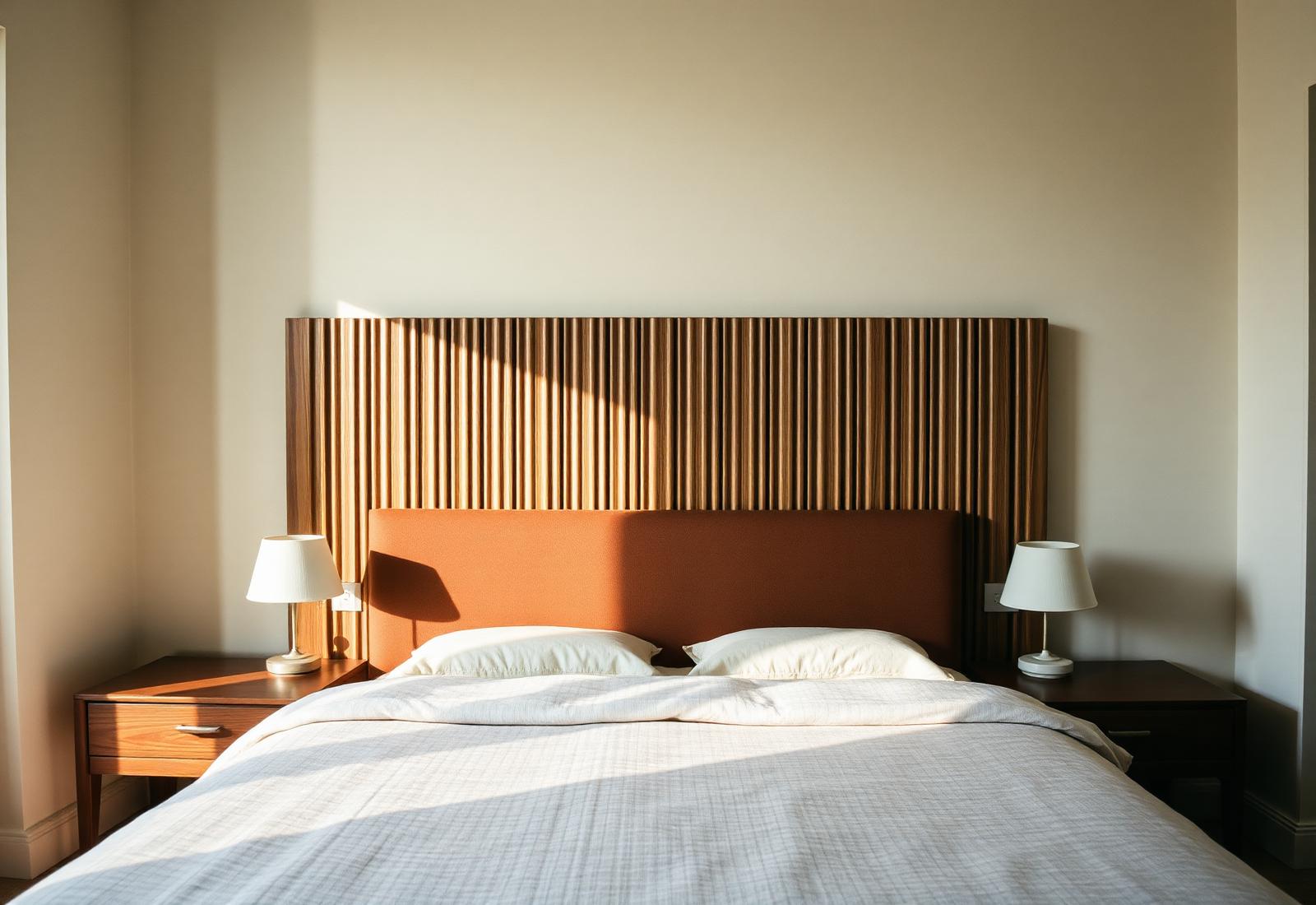 Camera da letto con testiera imbottita, comodini in legno e luce calda del mattino