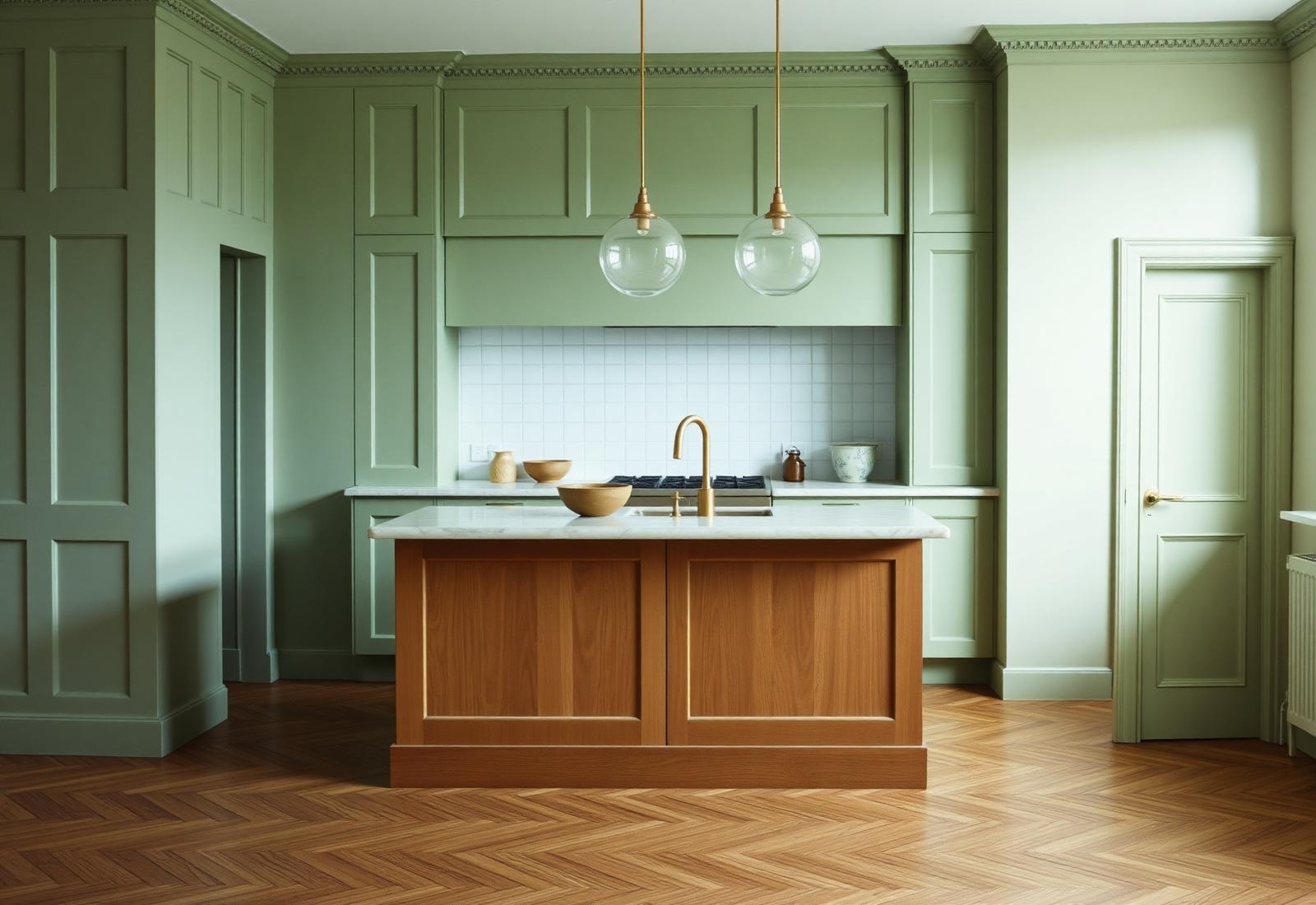 Cucina Archetipo con pareti a pannelli verde salvia e isola chiara su base in legno