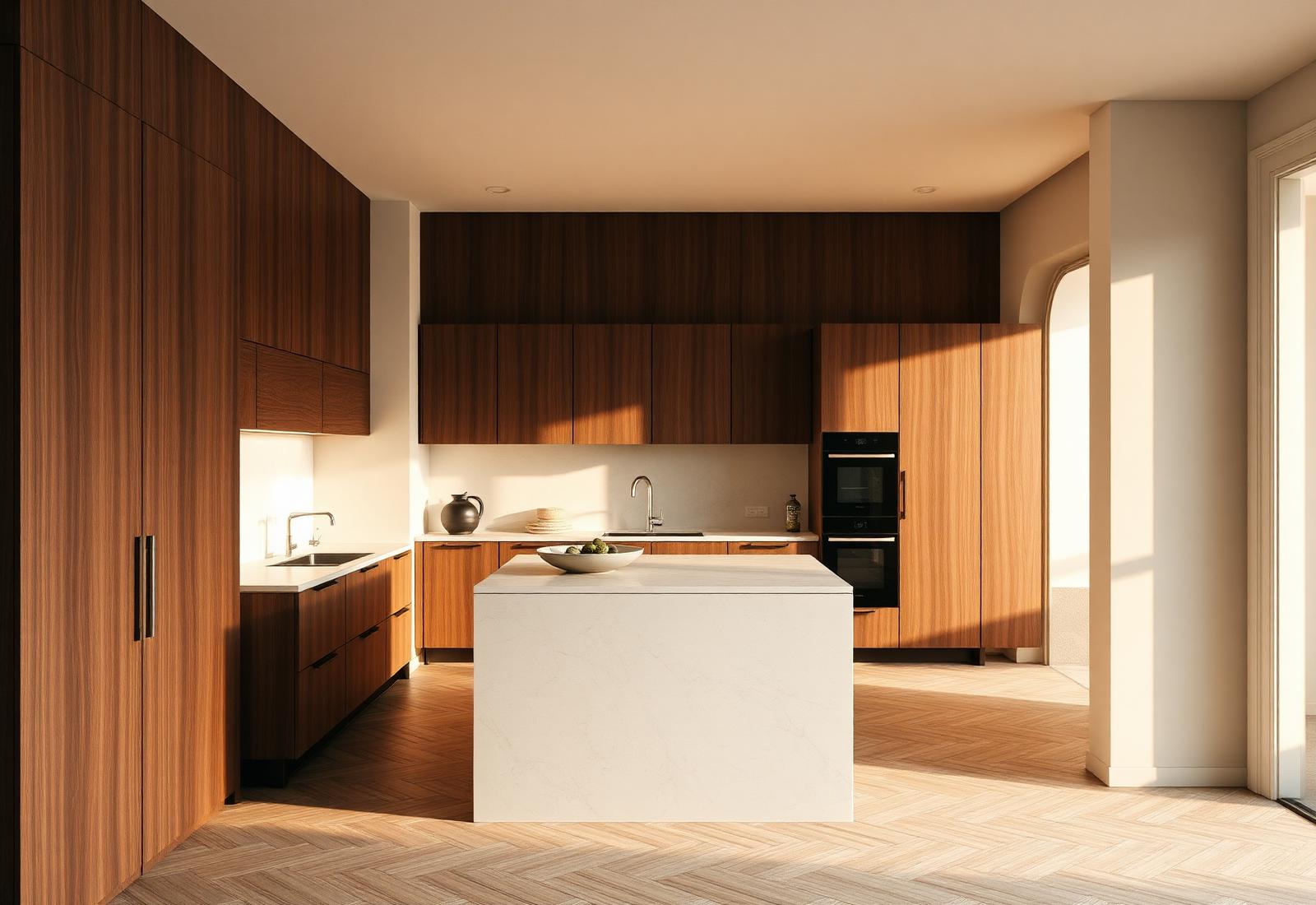 Cucina Atlante con boiserie in legno scuro e isola in pietra chiara illuminata da luce naturale