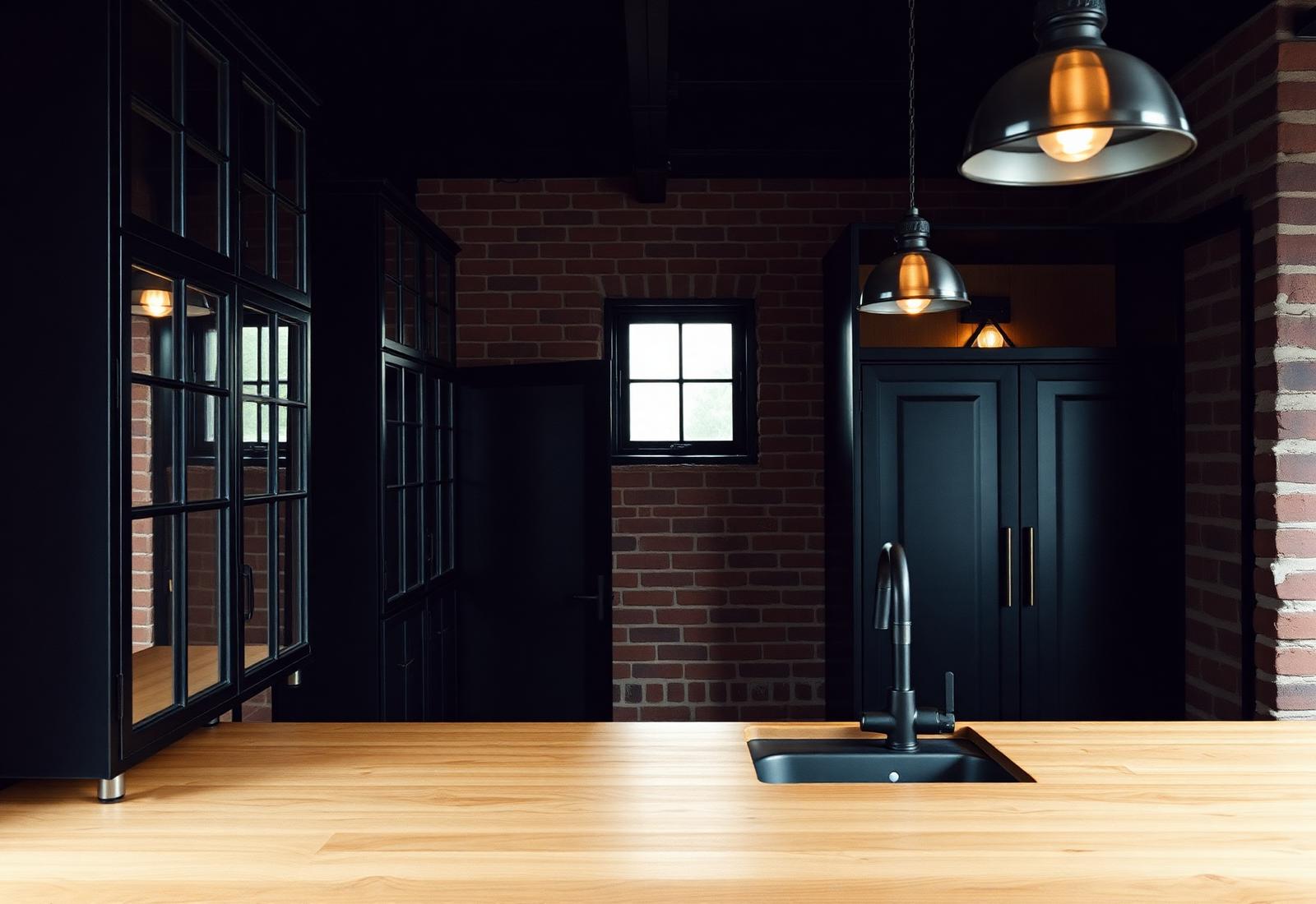 Cucina Industrial Chic con metallo scuro, legno di recupero e cappa professionale