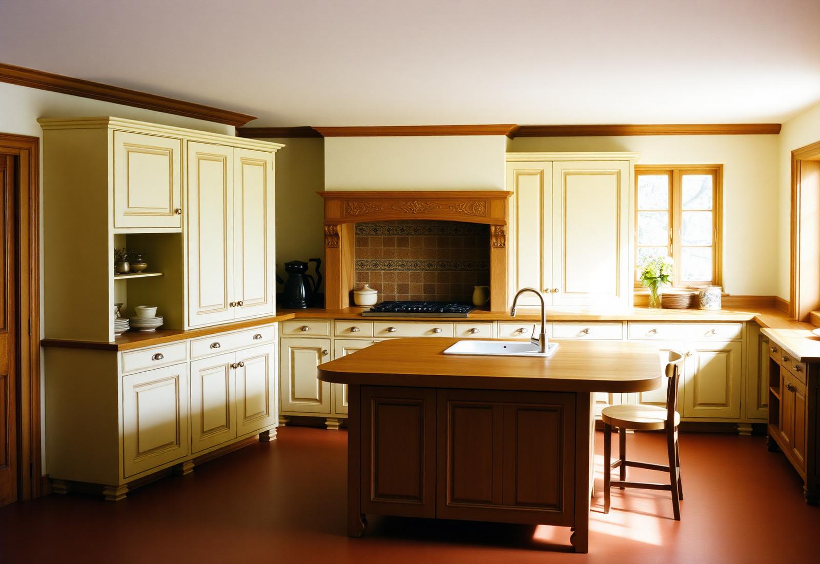 Cucina Living in crema e rovere caldo con isola centrale generosa