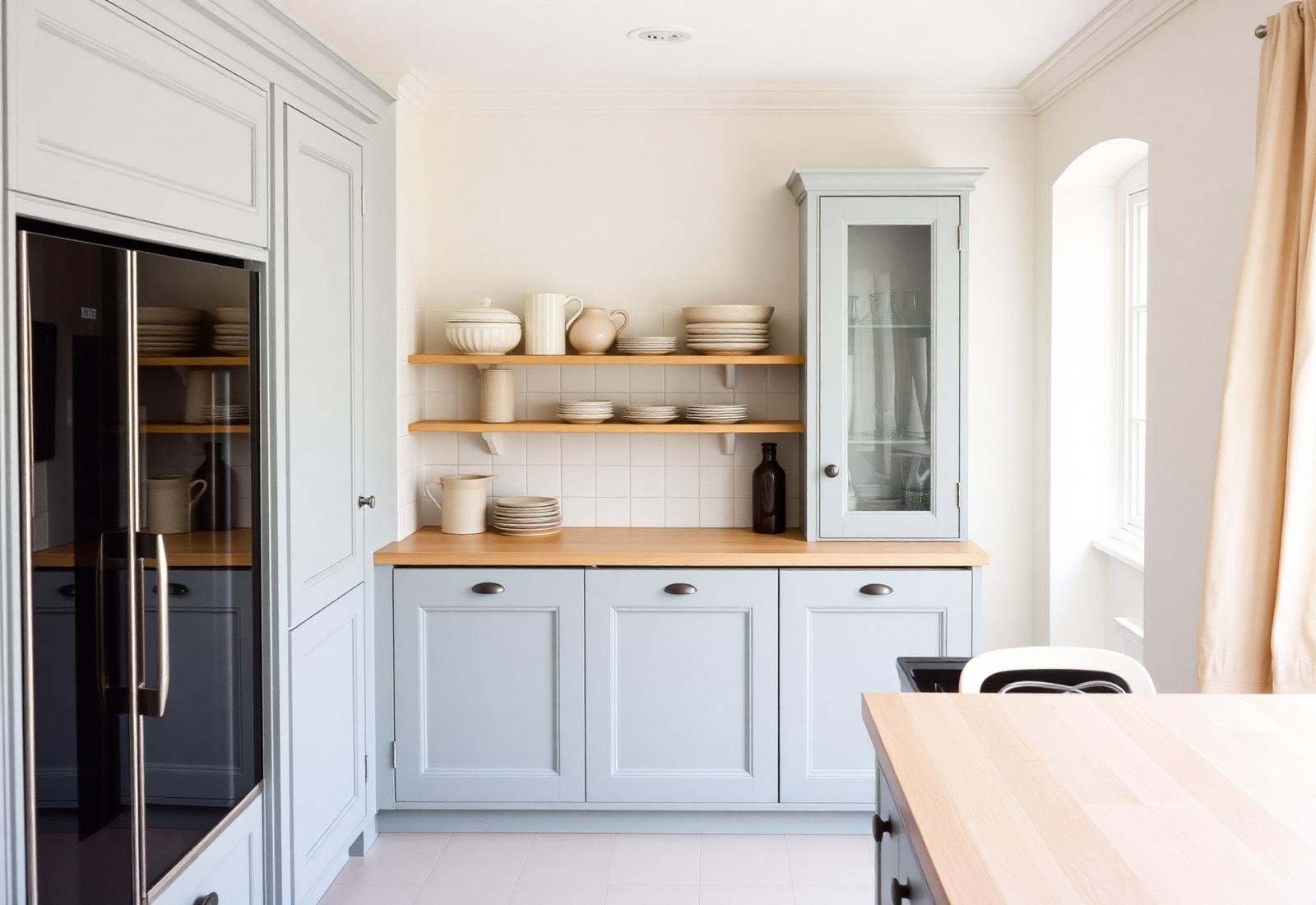 Cucina Monterey con cappa a grigliato bianco, cucina a colonna nera e piano in marmo