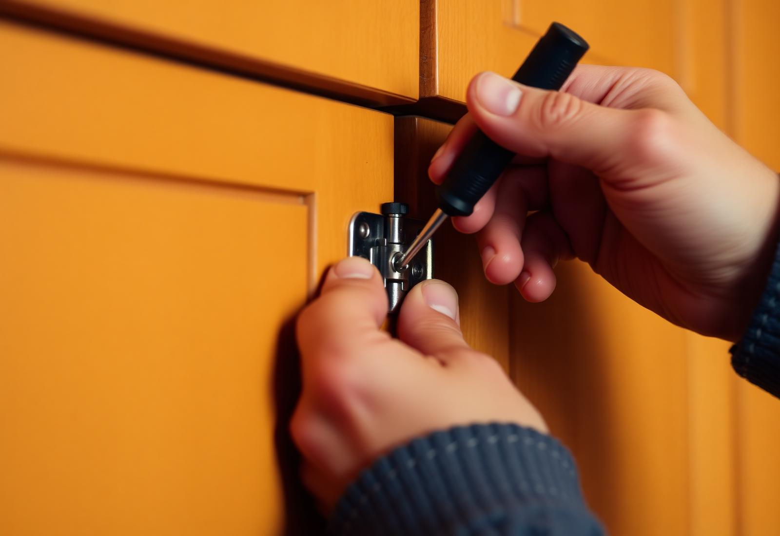 Dettaglio ravvicinato delle mani che regolano una cerniera di un'anta in legno