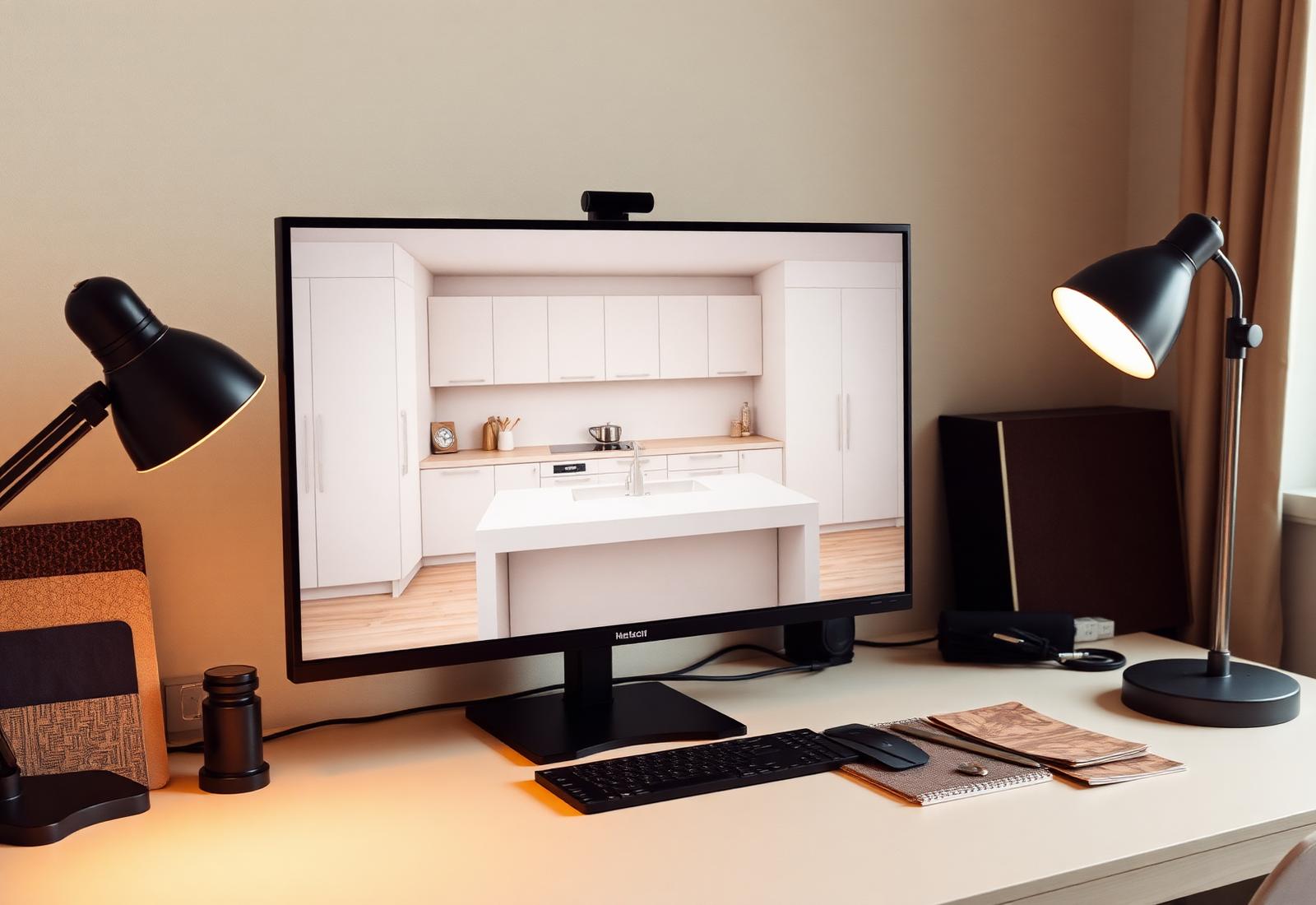 Schermo con progetto 3D di una cucina accanto a campioni fisici di materiale