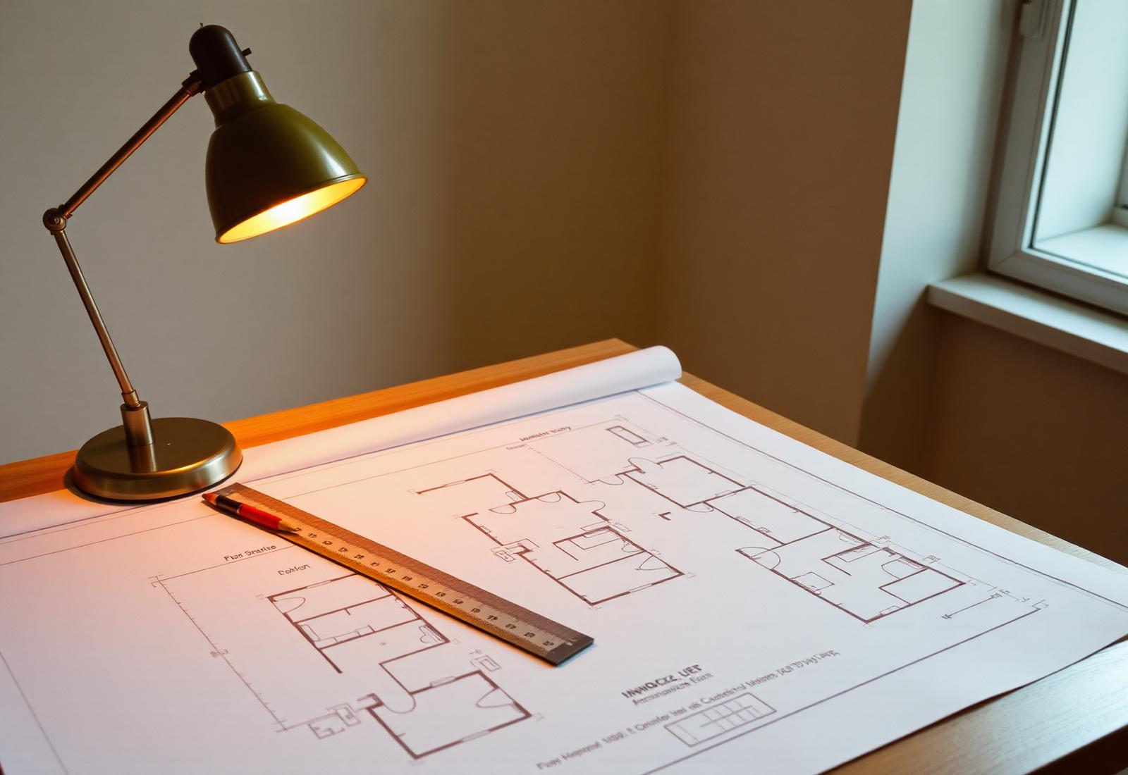 Tavolo da disegno con planimetrie, scalimetro e lampada dalla luce calda