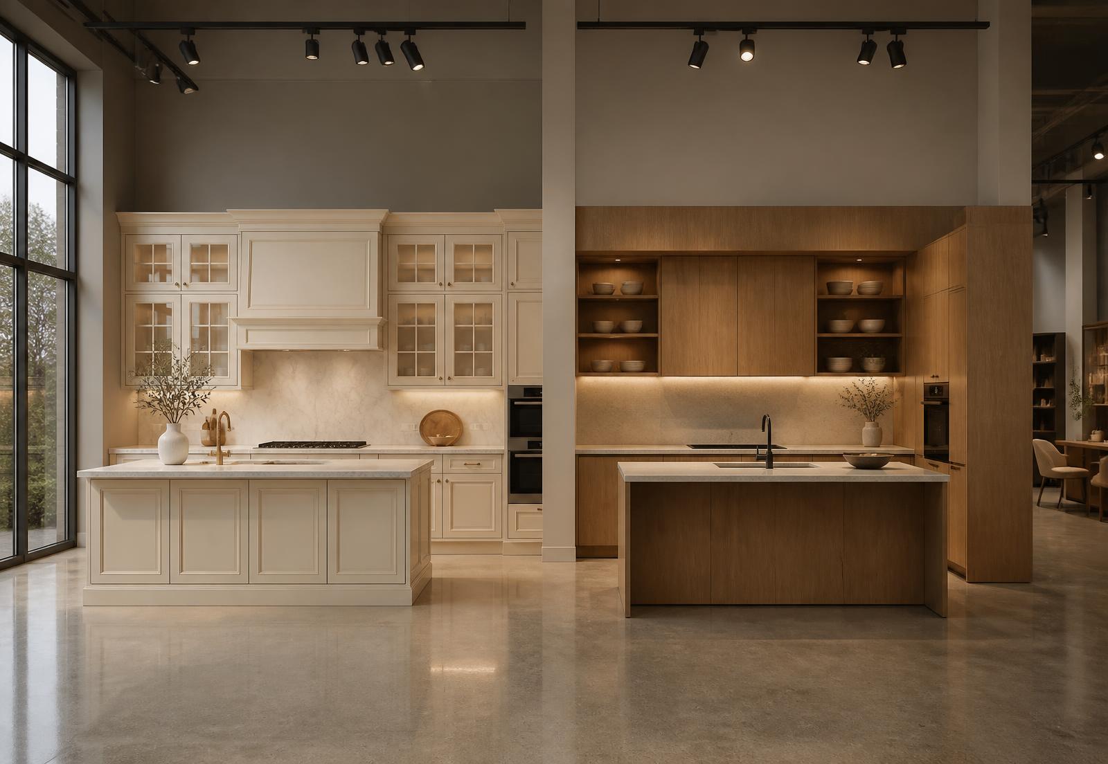 Interno dello showroom di Belvedere con due cucine esposte sotto luce da galleria